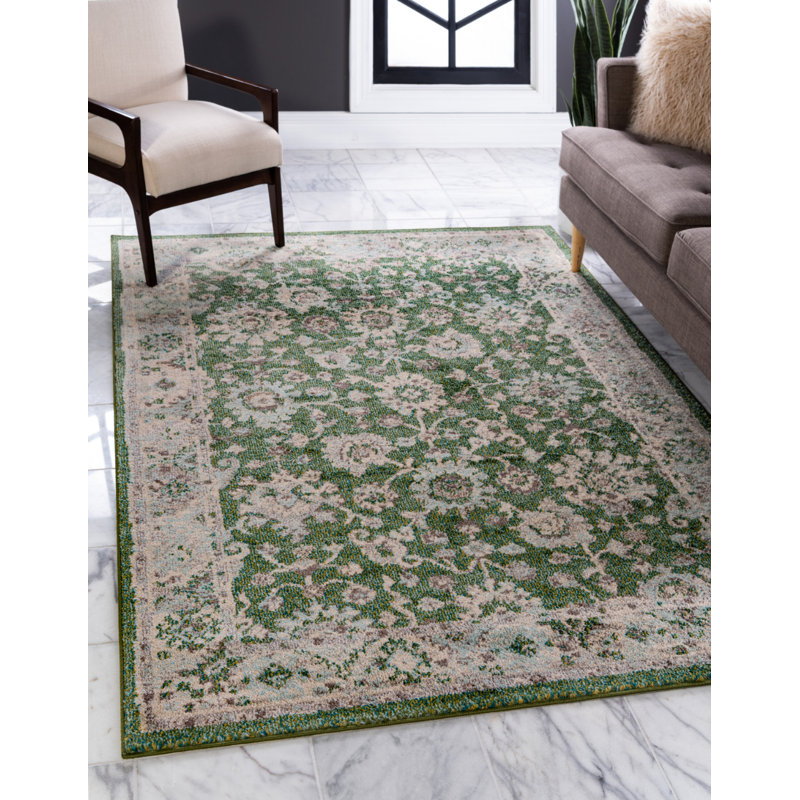 Kalf Green/Ivory Rug, Rectangle 66 x 91cm