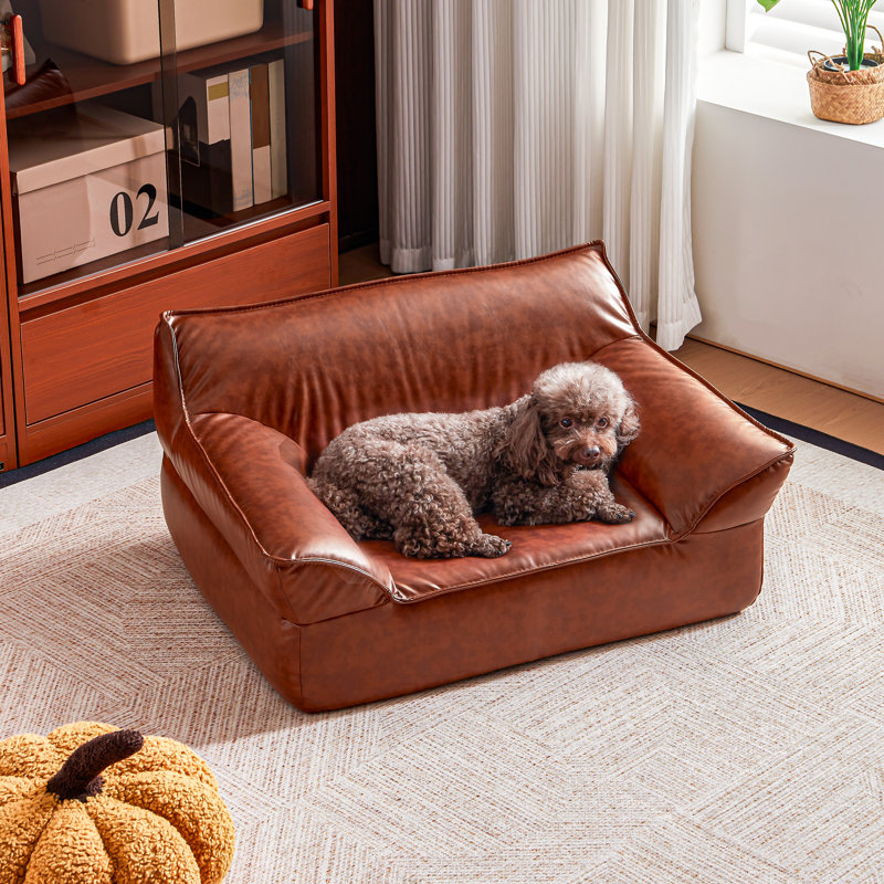 Canapé-lit en cuir brun pour animaux de compagnie de petite taille et de poids moyen de moins de 50 lb de 31,5 po Analogie
