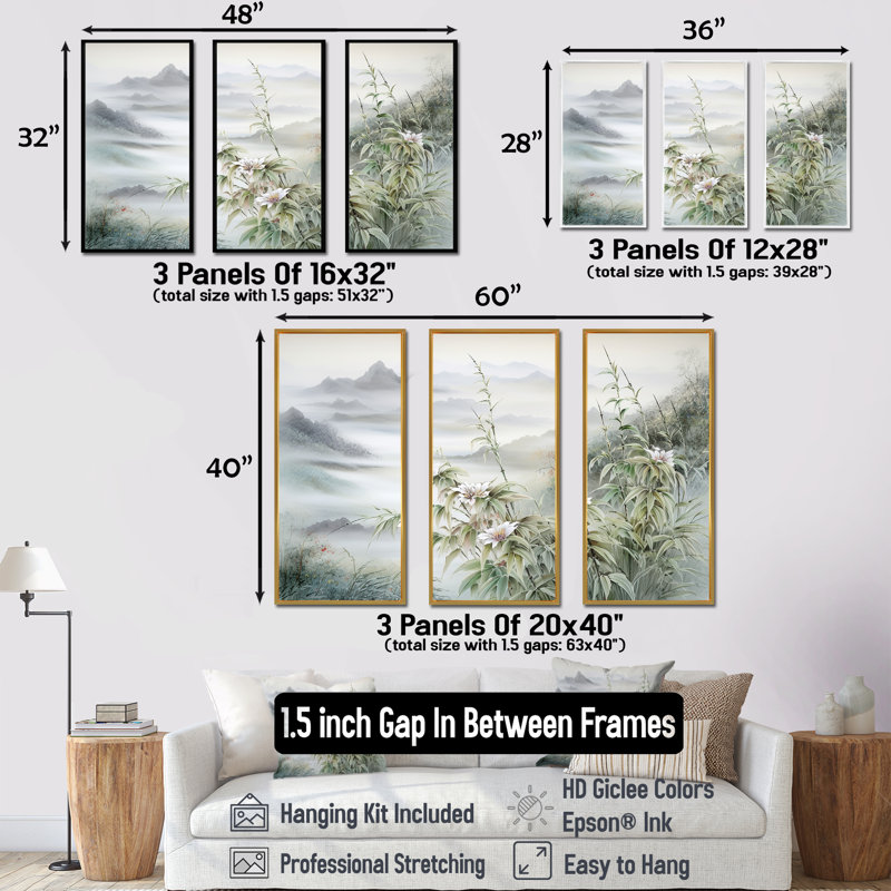 Ensemble de salon japonais en bambou au bord de la montagne I - Fleurs, Cadre flottant doré, H 32 po x l 48 po x P 1 po