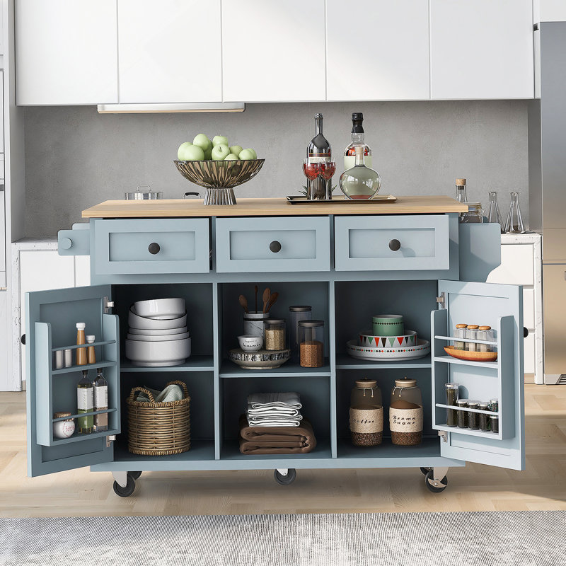 Kitchen Cart With Rubber Wood Drop-Leaf Countertop, Cabinet Door Internal Storage Racks, Blue