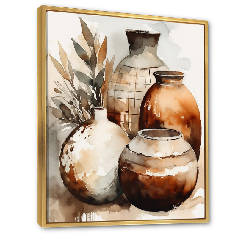 Vase en terre cuite brun et crème Kellerson, H 32 po x l 16 po, Reproduction avec cadre flottant, Doré