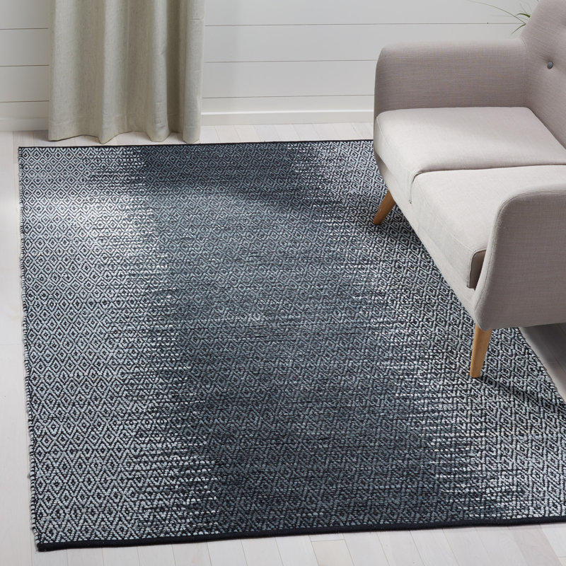 Phillis Vintage Leather Hand Woven Leather/Cotton Geometric Rug in Light Grey/Charcoal, Rectangle 8' x 10'