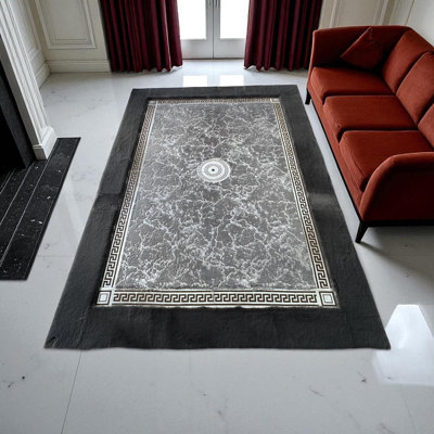 Tapis luxueux luxueux noir et gris avec motif de marbre, tapis de salon moderne