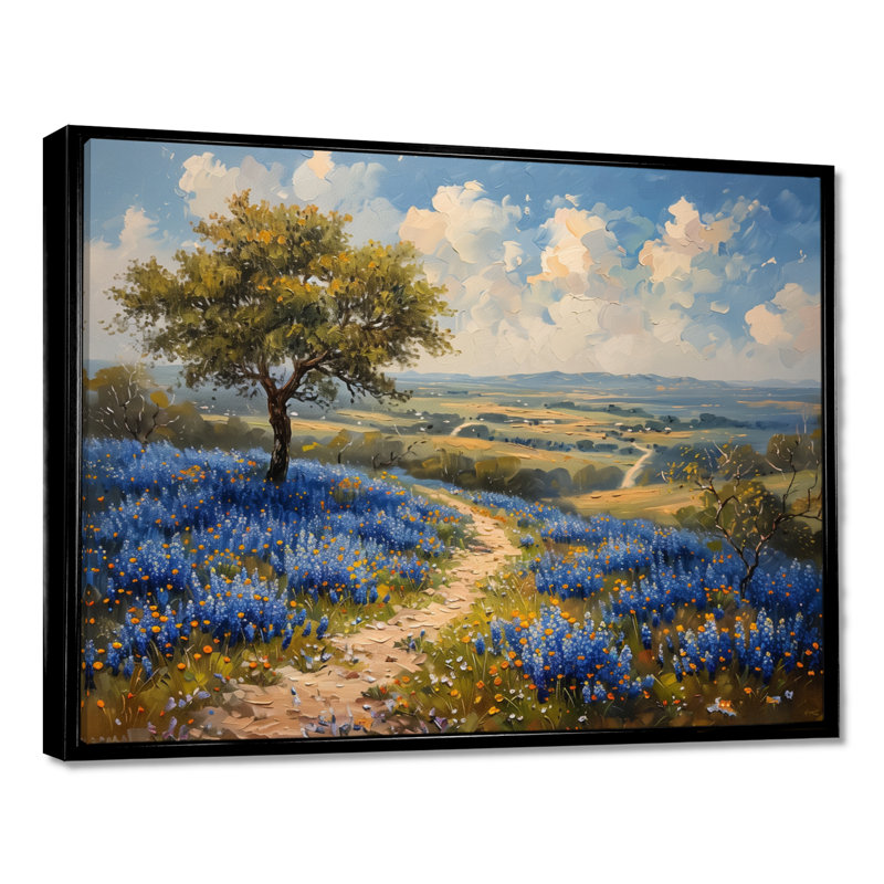 Chasteen - Blue Bonnets, art mural, H 16 po x l 32 po x P 1 po, Toile avec cadre flottant noir