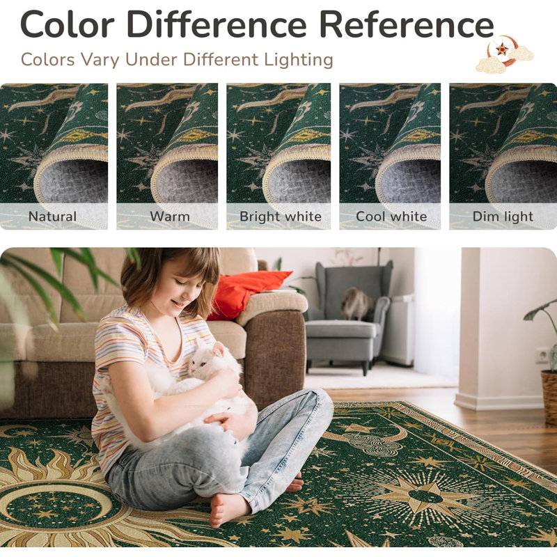 5X7 Area Rugs, Washable Vacuum-Friendly Non-Slip Rug Vintage Boho Sun And Moon Printed Pattern Low Pile Carpet For Living Room Bedroom Dining Room Hallway Entryway,Green Gold Yellow