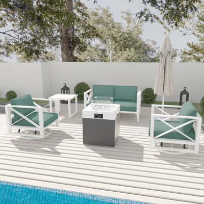 4-Seats Outdoor Aluminum Patio Conversation Set with 37,000 BTU Fire Pit Table and Swivel Rocking Chairs, All-Weather, Perfect for Poolside, Balcony, by August Grove