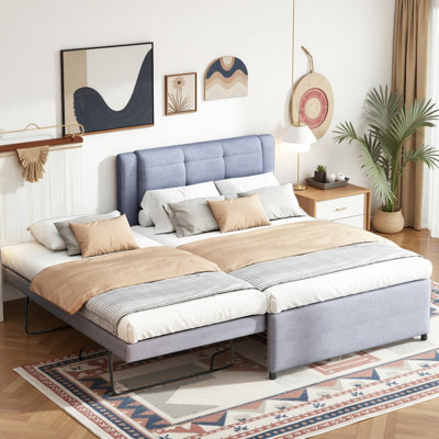 Elegant Full Size Upholstered Platform Bed with Adjustable Trundle Dual-Height