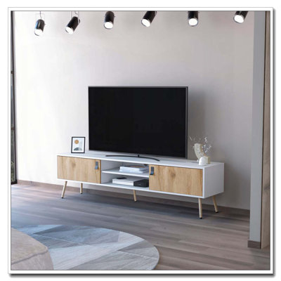 Meuble télé 2 tiroirs blanc et Macadamia