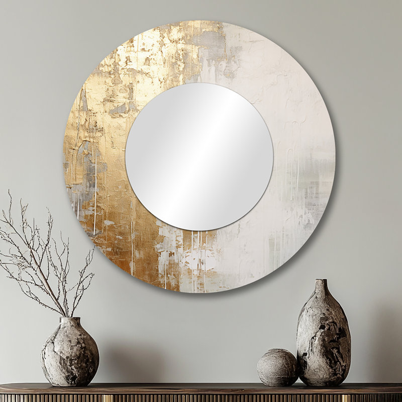 Miroir décoratif minuit doré et beige abstrait River III - Northern Lights, miroir mural rond beige, impression d'art en métal