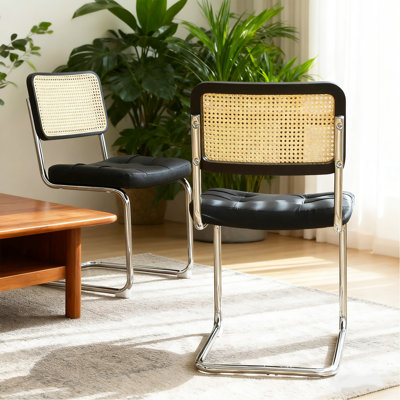 Ensemble de 2 chaises de salle à manger, chaises d'appoint latérales en rotin de similicuir avec pieds chromés, chaises modernes de style Mid-Century conçues par Breuer, chaises de cuisine de salle à manger rembourrées (noir - 2 pièces)