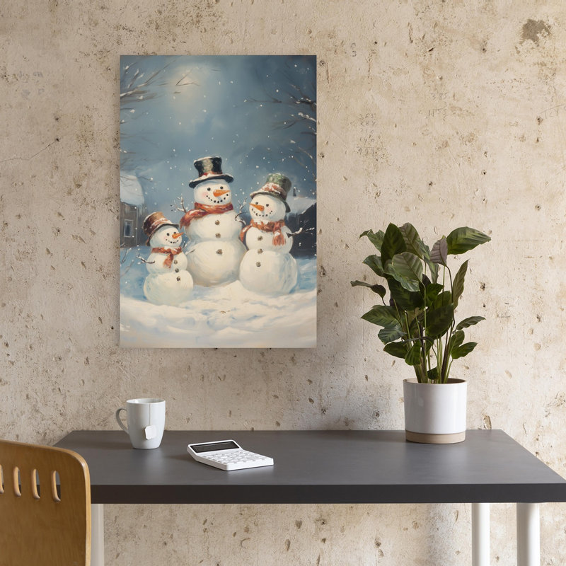Festive Snowmen Night Peaceful Abstract Contemporary Landscape Winter Wall Art Print 1 Piece Wrapped Canvas Wall Art