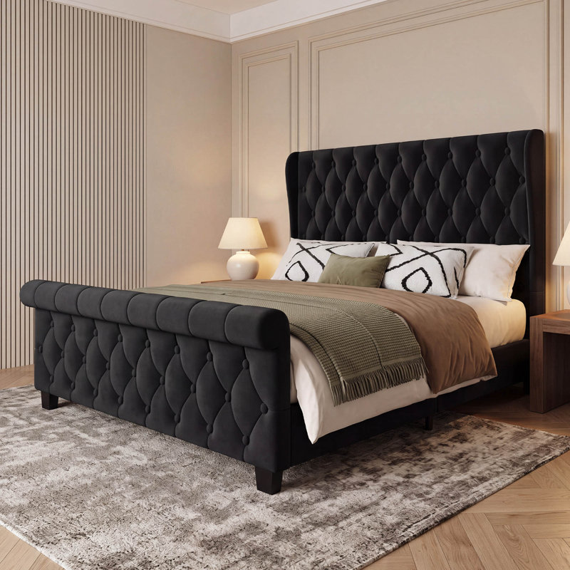 Structure de lit plateforme moderne en velours, support de lattes en bois massif, aucun sommier requis, Queen, Black 