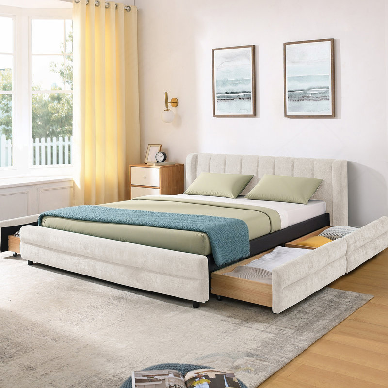 Structure de lit tapissier pour grand lit avec tissu en chenille épais, tête de lit confortable et tiroirs de rangement sous le lit pour les chambres à coucher modernes