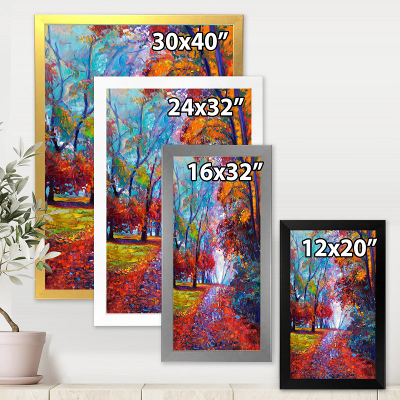 Petite route à travers le paysage d'automne rouge - peinture sur toile, H 20 po x l 12 po x P 1po, Cadre photo noir