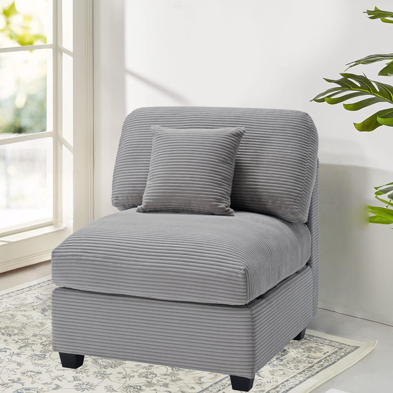 Zayva Corduroy Fabric Middle Module Seat For Modular Sofa Sectional Couch Accent Armless Chair, Light Gray Corduroy 