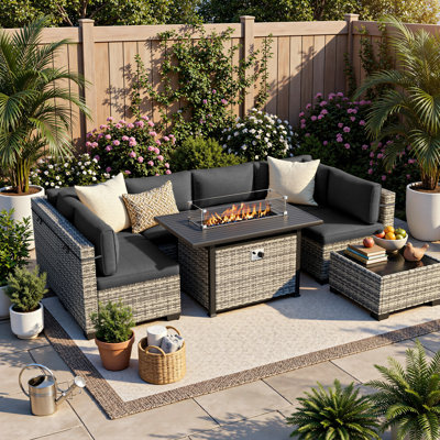 8-Piece Modular Outdoor Sectional Seating Set With Propane Fire Pit Table And Cushions