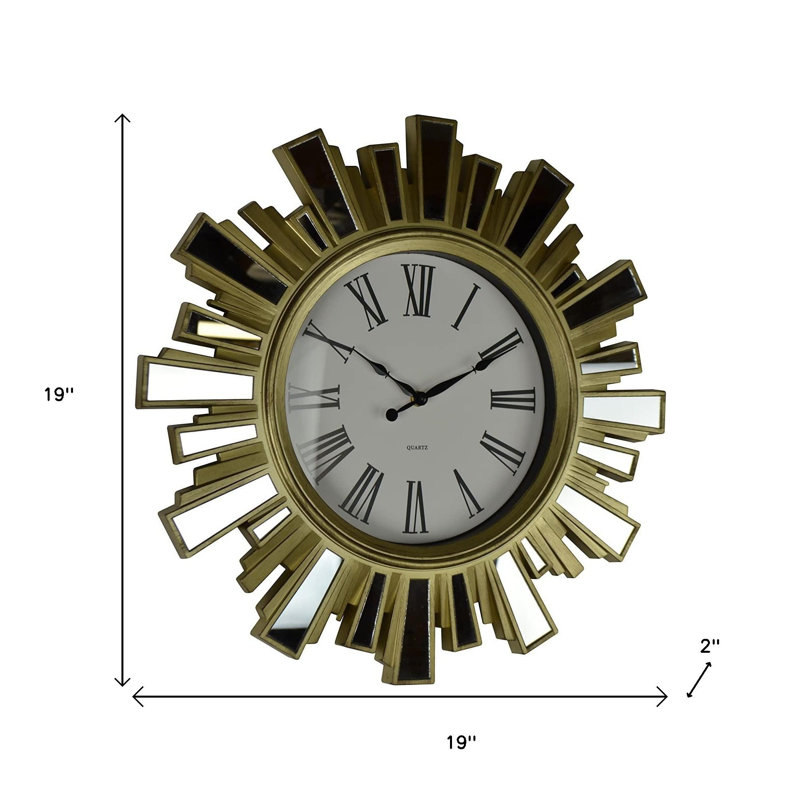 Horloge murale 19 po en verre miroir transparent doré et transparent