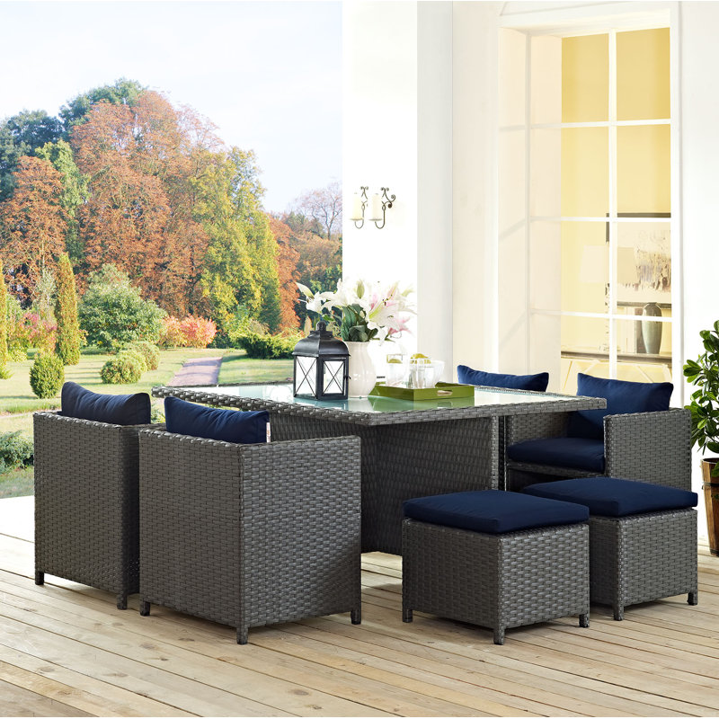 Stopover 9 Piece Outdoor Patio Sunbrella Dining Set, Canvas Navy Sunbrella® Canvas