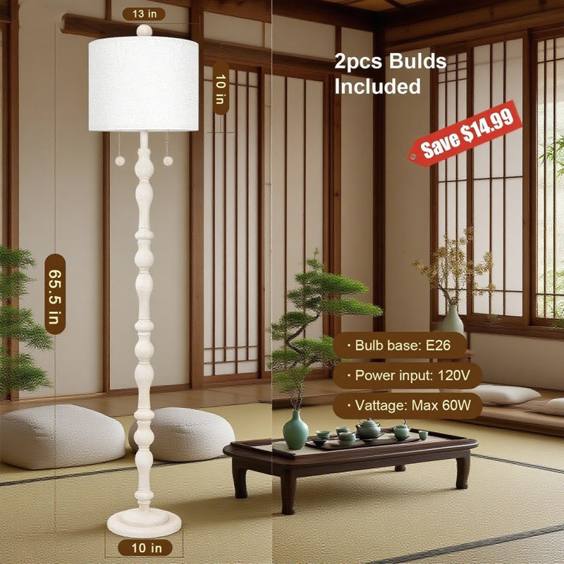 65.5/" Farmhouse Floor Lamp With Linen Shade, Dual Socket Pull Chain Switch, Real Wood Standing Lamp For Living Room Bedroom Home Decor (Bulbs Included)