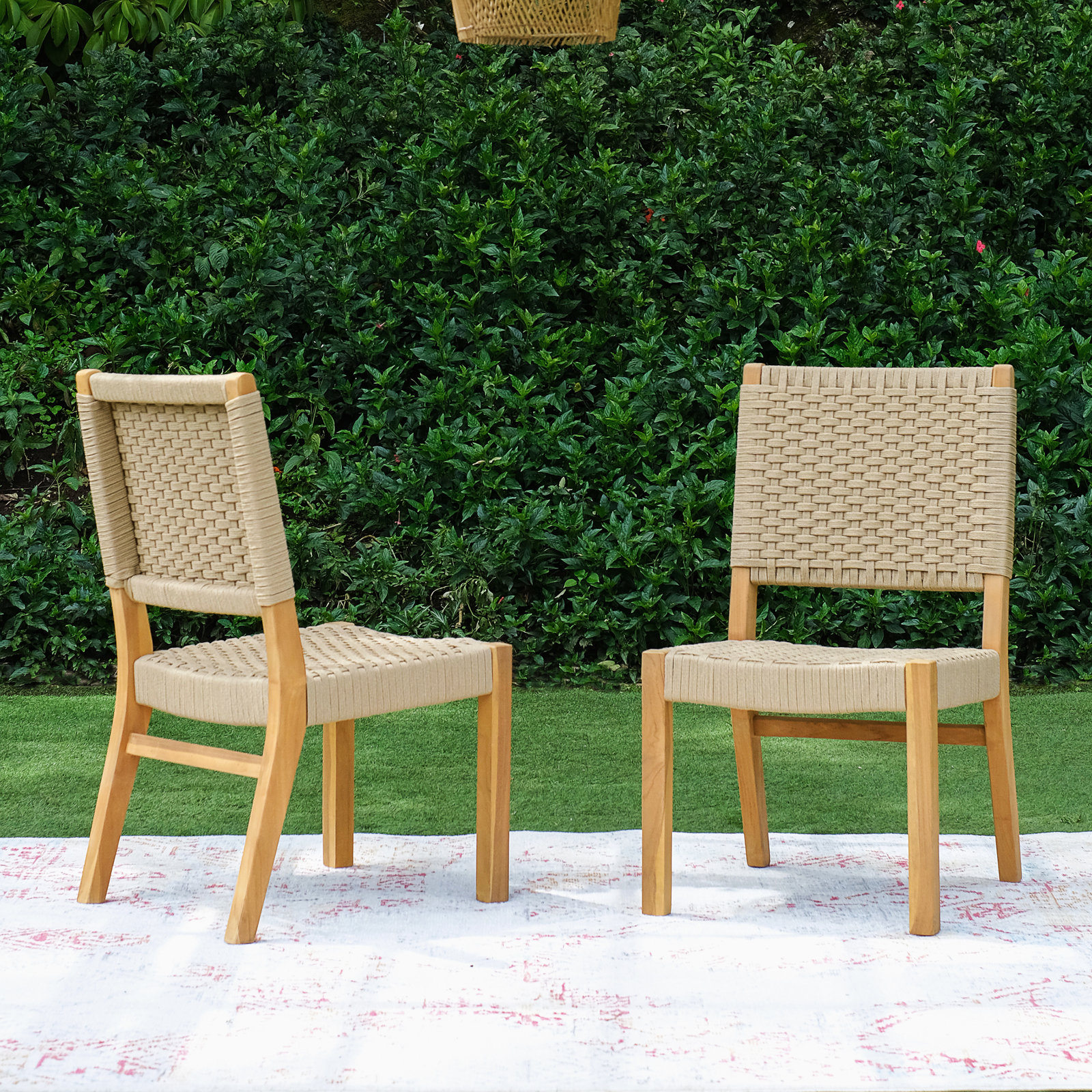 Seras Teak Wood Premium All-Weather Wicker Outdoor Dining Side Chair, Tan