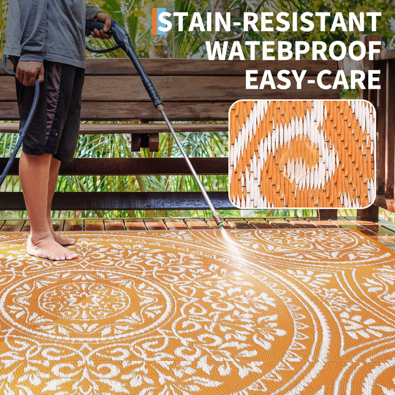 Reversible Outdoor Rug Large 9x18ft Waterproof UV Resistant Plastic Straw Carpet Easy Clean & Portable with Carry Bag & Stakes For Yard, Porch, Deck, RV, Camping Orange White, 9x18ft