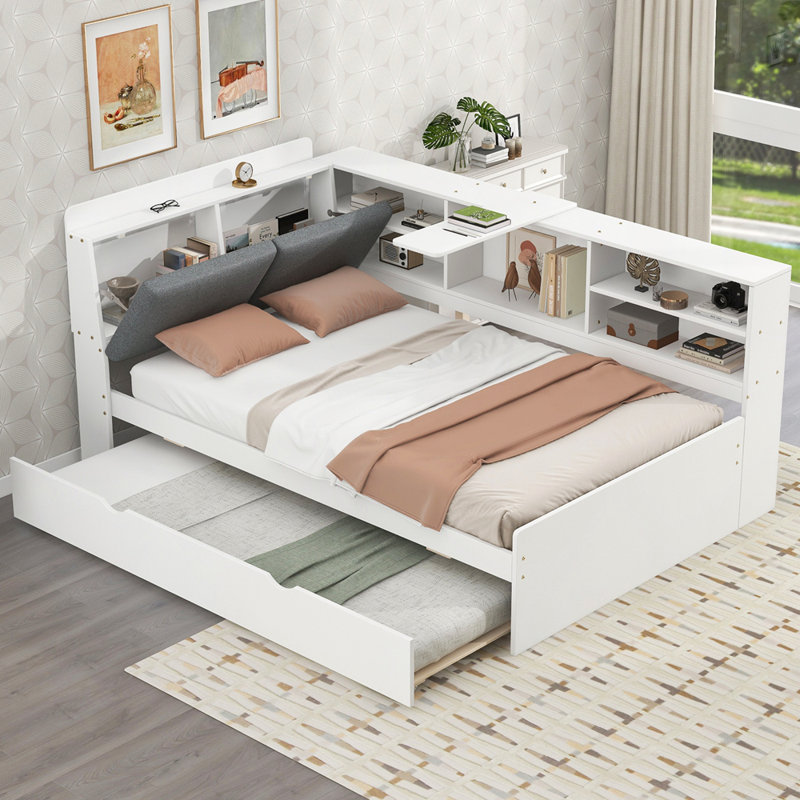 Lit plateforme en bois avec lit gigogne, tablettes et tête de lit, Simple, Blanc / gris