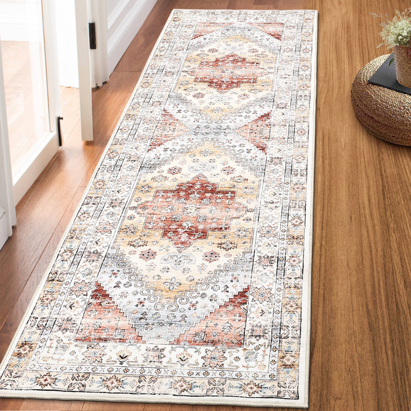 Machine Washable Rug with Rubber Backing for Living Room Boho Non-Slip Dining Room Rug Easy-Cleaning Floor Carpet for Bedroom