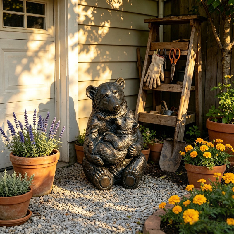 Statue mère et ourson, figurine animal réaliste pour le jardin et la maison