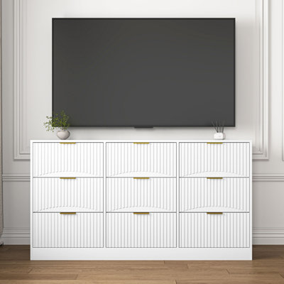 Commode 9 tiroirs, grande commode profonde de 63 po, armoire de rangement en bois avec 9 tiroirs pour la chambre à coucher, commodes longues pour le salon, couloir, panneau de tiroir avec motifs ondulés