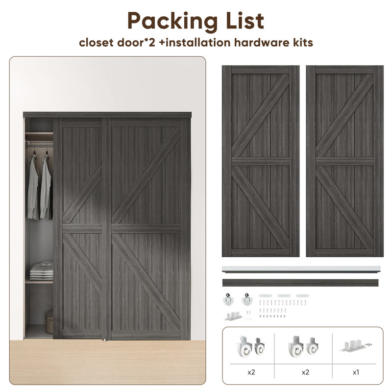 Portes coulissantes en bois manufacturé en forme de K avec trousse de quincaillerie d'installation, 60 po x 80 po, Gris