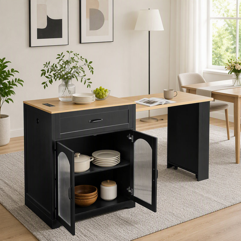 Table de comptoir extensible avec roues, table de bar avec prise de courant intégrée, armoire à vin de ferme avec tiroirs double-face, convient