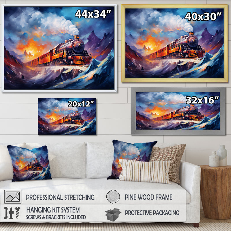 Impression sur toile, "Steamtrain Travelling In Winter Snow I", H 24 po x l 32 po x P 1 po, Cadre flottant blanc