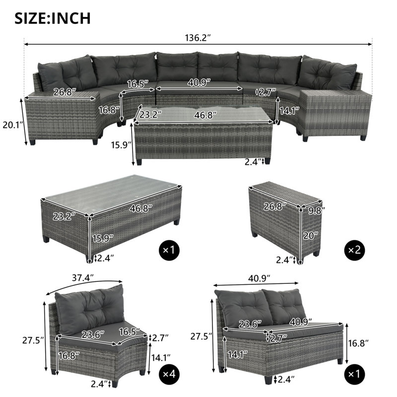 8-Pieces Outdoor Wicker Round Sofa Set, Half-Moon Sectional Sets All Weather, Curved Sofa Set With Rectangular Coffee Table, PE Rattan Water-Resistant And UV Protected, Movable Cushion