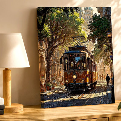 Vintage Tram City Street Canvas Print Urban Landscape Poster Decor Wall Art Print, Urban Living Room Office Loft Decor, Modern Surreal Gallery Wall Accent for Apartment Loft Entryway Home Style