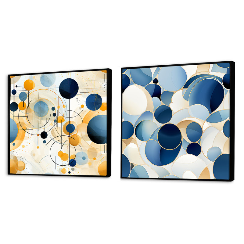 «Earthy Blue Cobalt» à motif géométrique - Formes abstraites, ensemble de 2 carrés, Cadre flottant noir, H 30 po x l 61 po