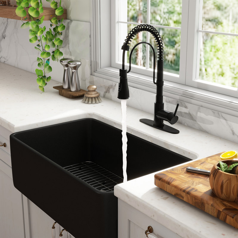 CASAINC Single Bowl Black Fireclay Farmhouse Kitchen Sink With Faucet Included, Brushed Nickel