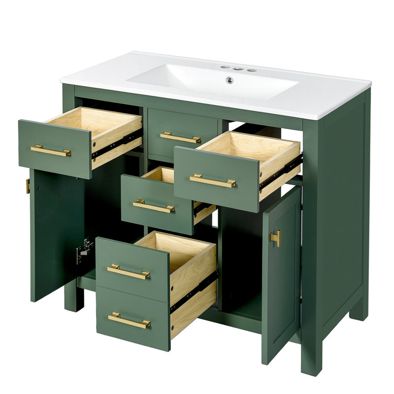 Meuble-lavabo moderne vert sur pied de 91 cm (36 po) avec lavabo en céramique, structure en bois massif, 4 tiroirs et 2 armoires de rangement. Robinetterie non incluse.