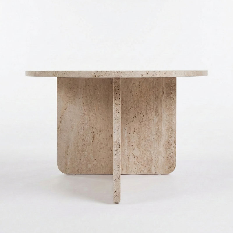Aurelia Modern Oval Coffee Table With Architectural Slab Base, Travertine