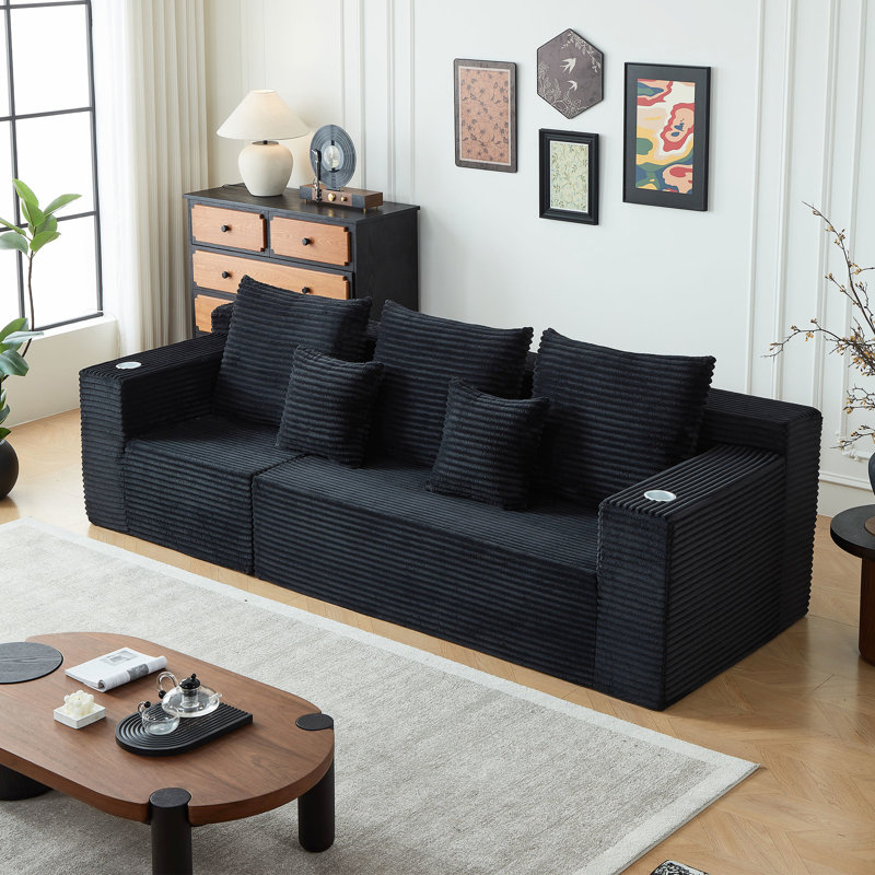 Black Corduroy Modular Cloud Couch, 3 - Seat, Cup Holders, No Assembly, For Movie Nights Adaptable To Various Configurations, Oversized Deep Assembly