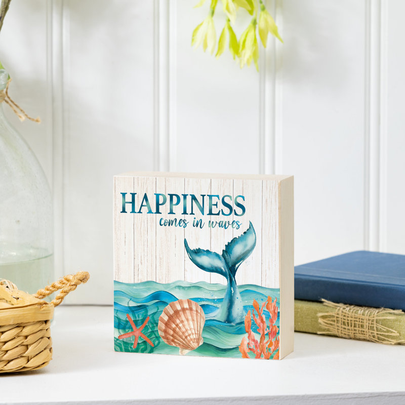 Décoration de table bleue bord de mer en bois Happiness Waves, 6 po
