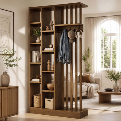 70.9" Freestanding All-in-One Privacy Screen, Functional Room Partition with Storage Shelves & Coat Hooks