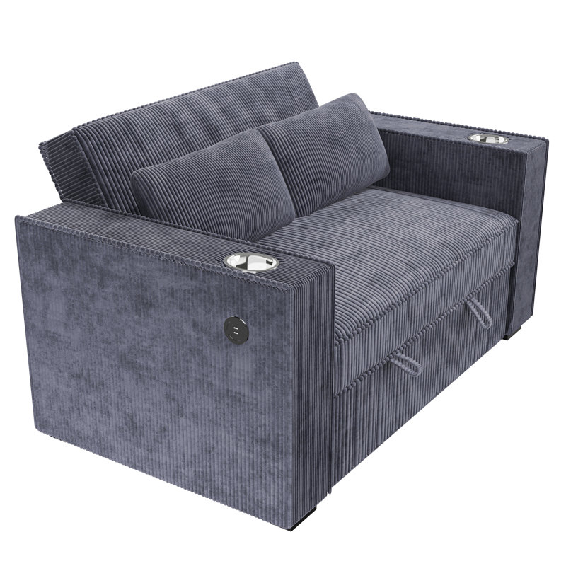 Corduroy Upholstered 2-Seat Sofa W Cup Holders Sleeper Couch 1Pc Convertible Sofa W Usb, Dark Gray
