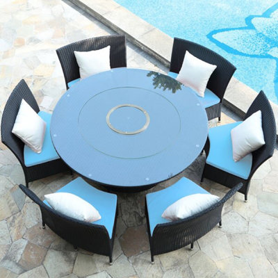 Ensemble de salle à manger de patio Mid-Century moderne en osier pour 6 personnes avec table ronde bleu ciel et noir Nightingdale