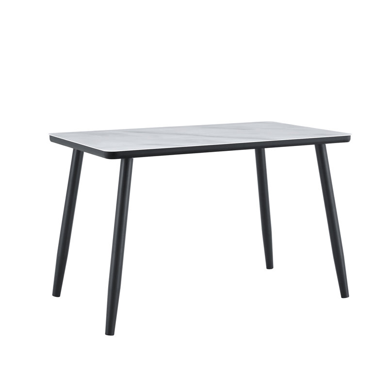 Modern Minimalist Rectangular Dining Table, Suitable For 4-6 People. Tempered Glass Countertop+Lower MDF Board, Imitation Marble Texture, Black Metal Tapered Legs. Suitable For Minimalist Restaurants.