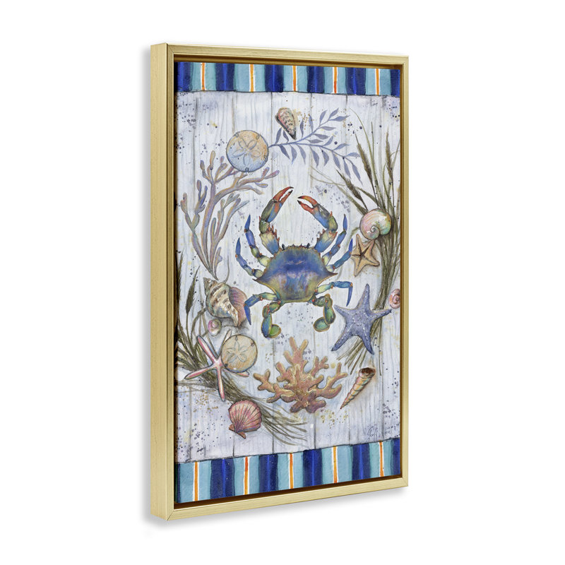 «Coastal Wreath & Crab» par Geoff Allen, H 31 po x l 21 po, Cadre flottant métallique doré