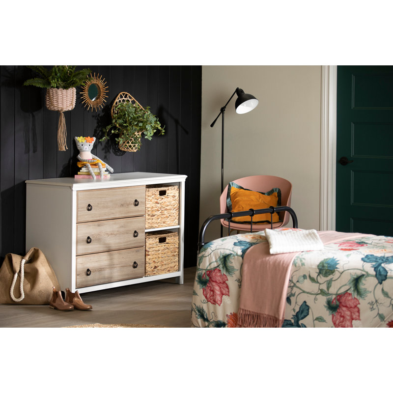 White and Rustic Oak 3-Drawer Dresser with Wicker Baskets