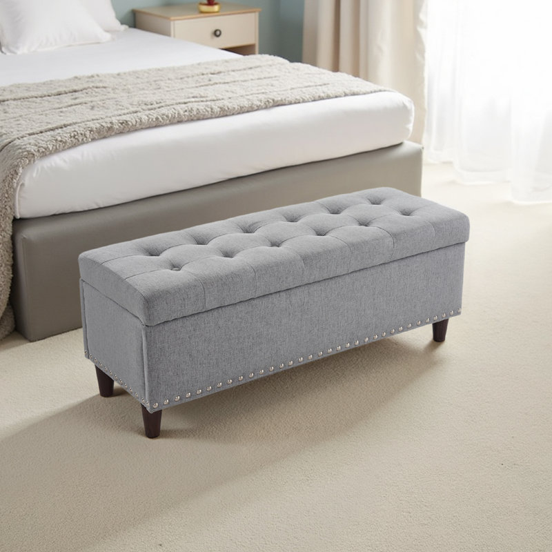 43" Upholstered Storage Ottoman, Grey Linen