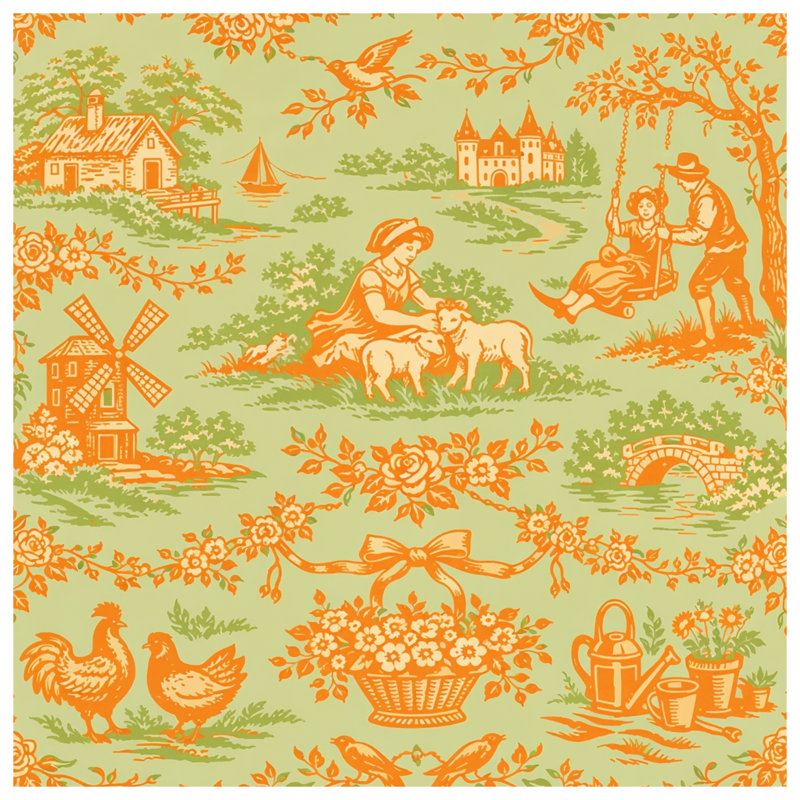 Pastoral Toile Pattern Quilted Bedspread All Sizes, Queen