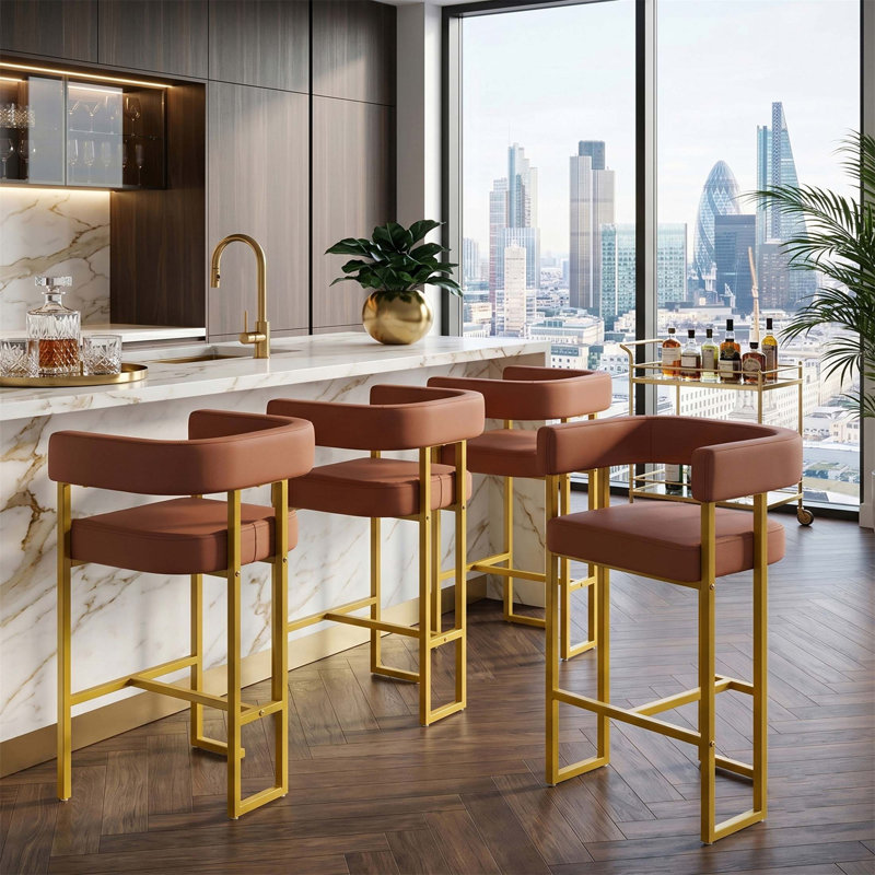 Ensemble de 4 tabourets de bar à hauteur de comptoir Modern en cuir de polyuréthane rembourré avec dossier et repose-pieds, chaises de cuisine Mid-Century de 26 pouces