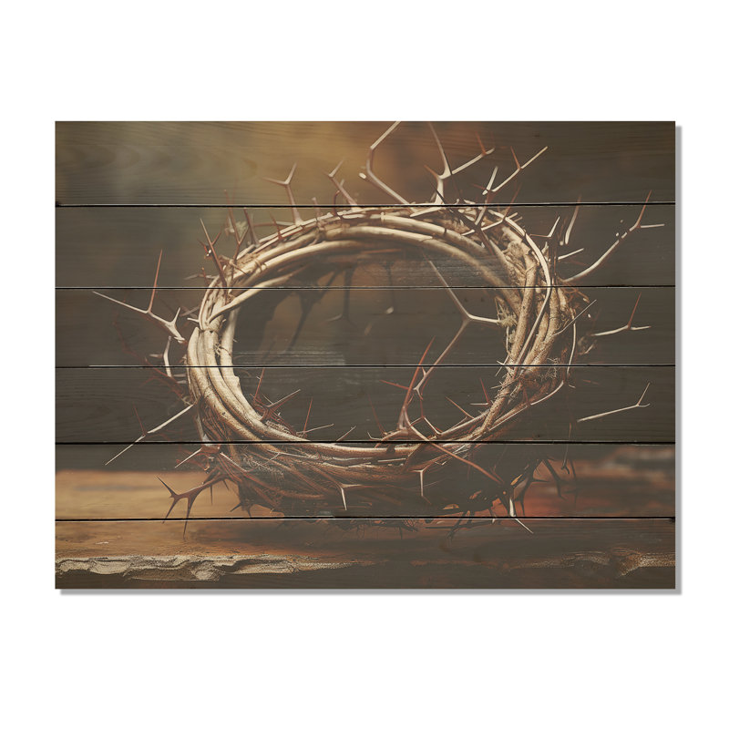 Couronne d'épines, «Christianity», art mural en bois sur bois de pin naturel, H 30 po x l 40 po
